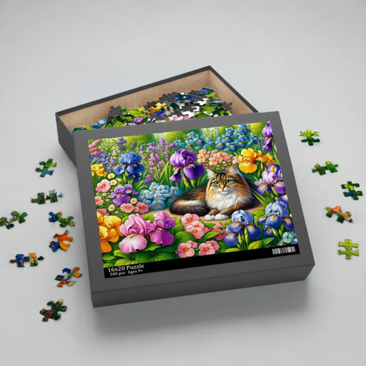 February Birthday Flower Puzzle - Cat Lover Gift - Violets and Iris Flowers - 120, 252, 500-Piece Options - Montecore PawPrints