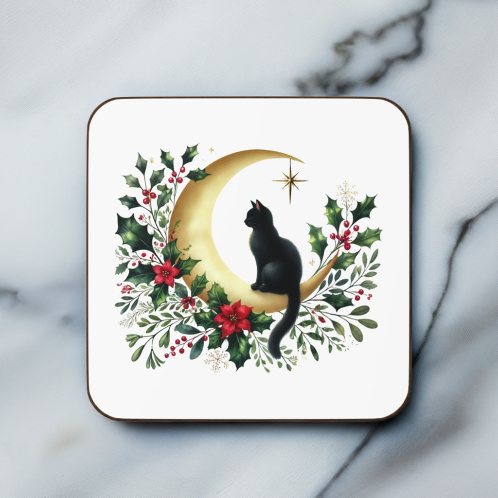 Winter Moon - Cat lover - Hardboard Back Coaster   