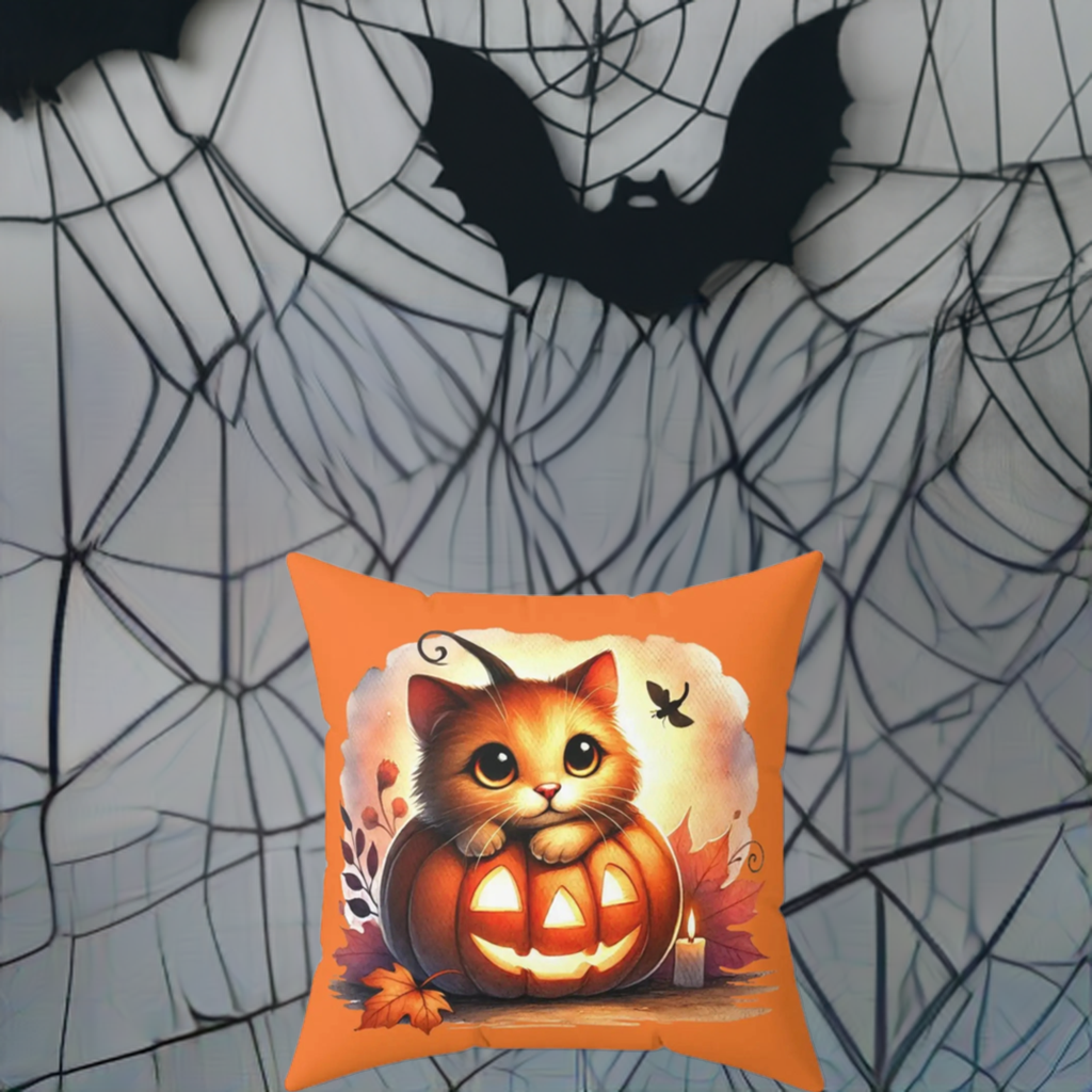 Kitten Jack-O-Lantern - Halloween Spun Polyester Square Pillow   