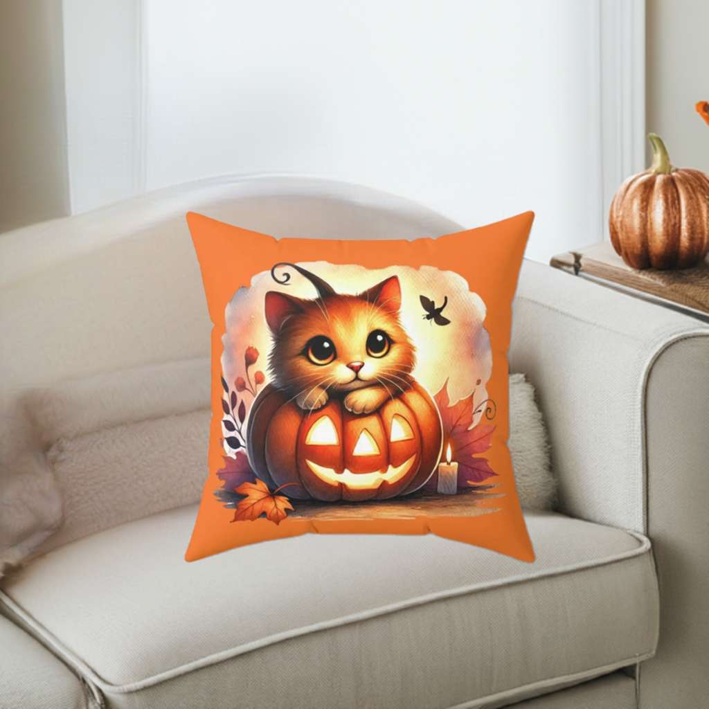 Kitten Jack-O-Lantern - Halloween Spun Polyester Square Pillow   