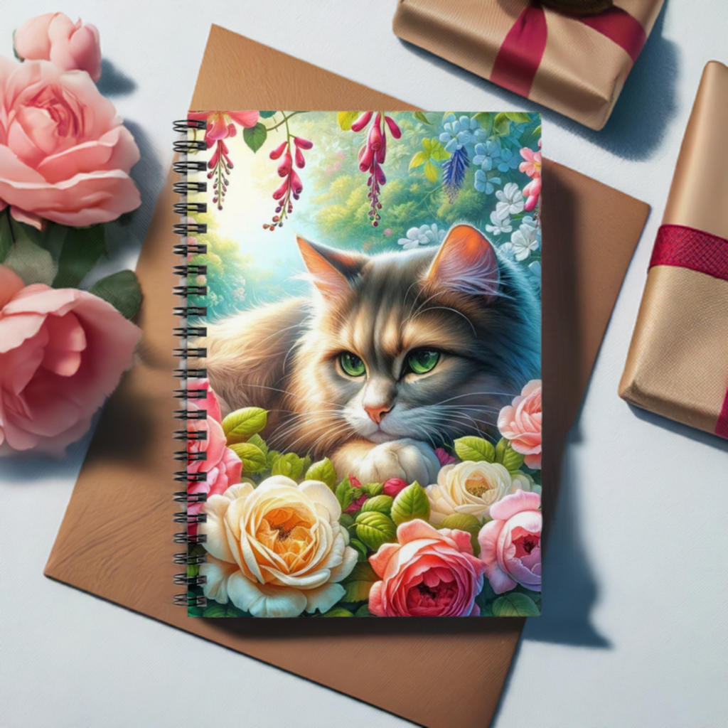 June Birth Flower - Rose - Cat Lover -Spiral Notebook - Ruled Line   