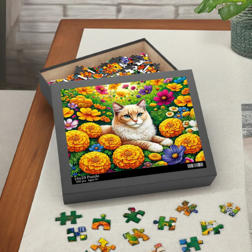 October Birth Flower Puzzle - Marigolds and Cosmos - Cat Lover Gift -  120-piece- 252-piece- or 500-piece - Montecore PawPrints