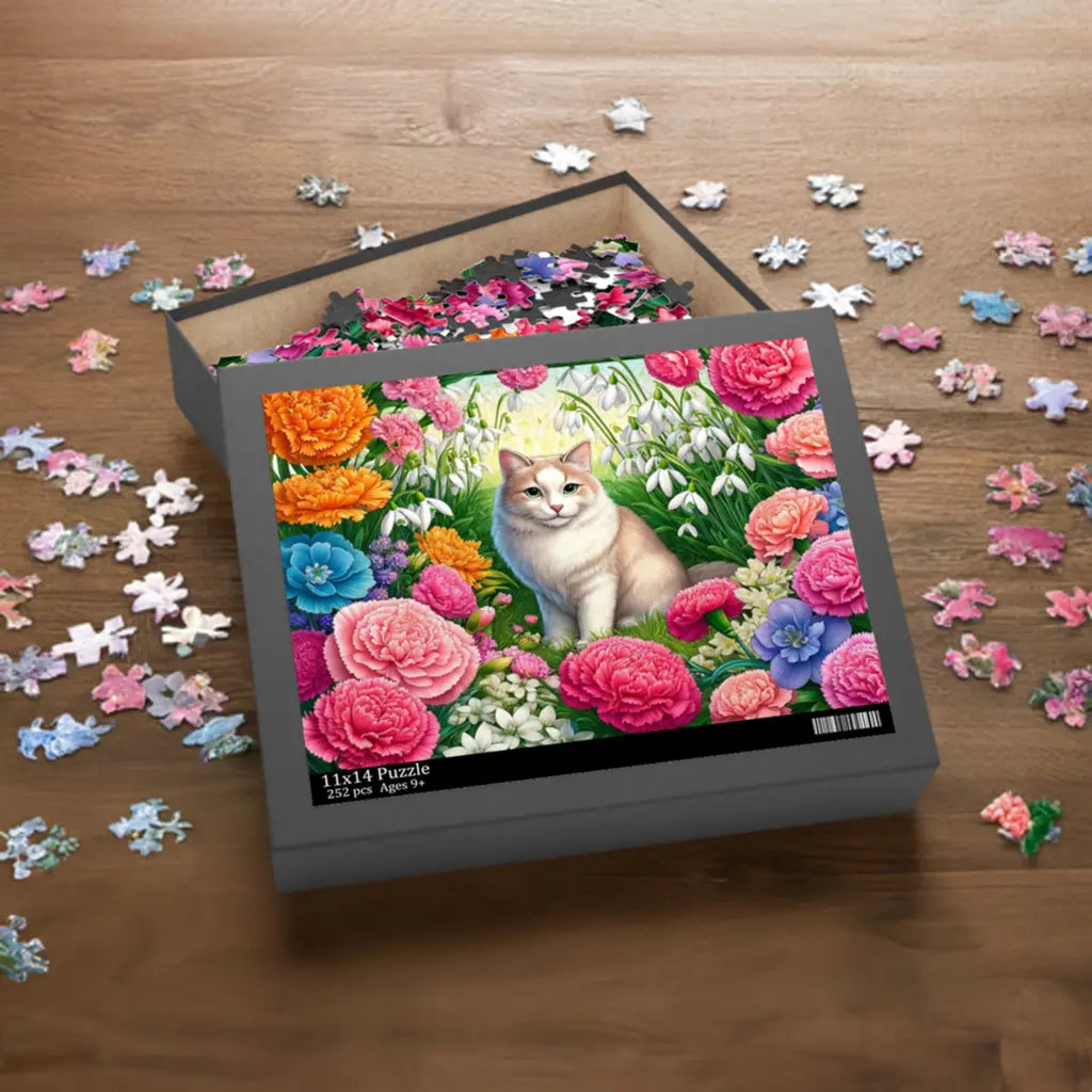 January Birth Flower Puzzle - Carnations & Snowdrops - Cat Lover Gift - 120, 252, or 500-piece - Montecore PawPrints