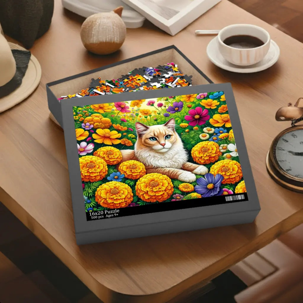 October Birth Flower Puzzle - Marigolds and Cosmos - Cat Lover Gift -  120-piece- 252-piece- or 500-piece - Montecore PawPrints