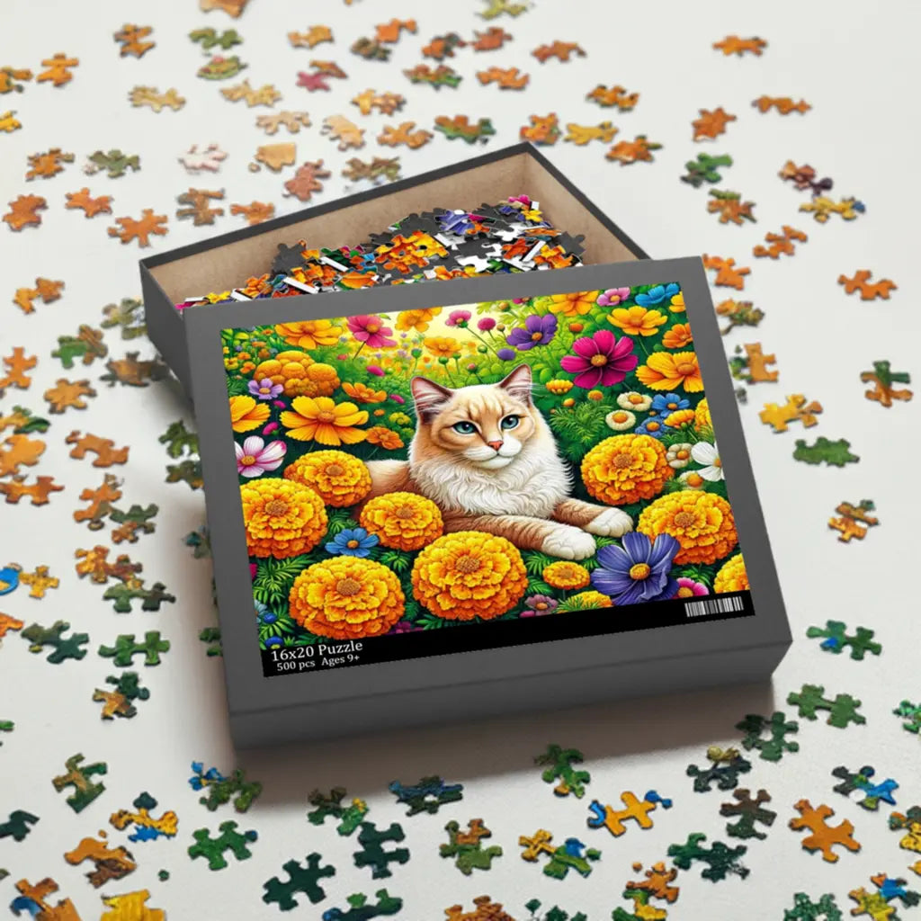 October Birth Flower Puzzle - Marigolds and Cosmos - Cat Lover Gift -  120-piece- 252-piece- or 500-piece - Montecore PawPrints