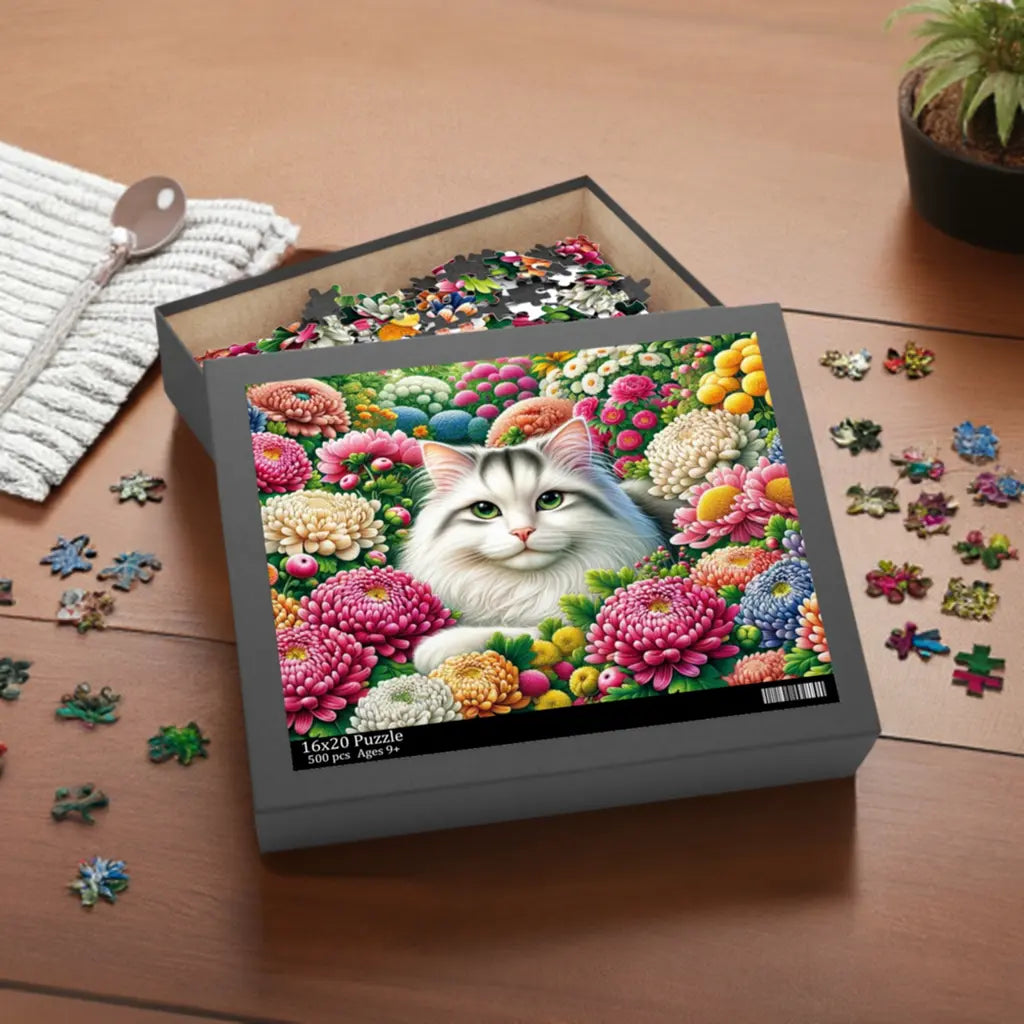 November Birthday Flower Puzzle - Chrysanthemum and Peony - Cat Lover Gift -120-piece- 252-piece- or 500-piece - Montecore PawPrints