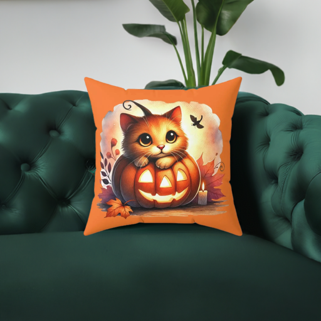 Kitten Jack-O-Lantern - Halloween Spun Polyester Square Pillow   