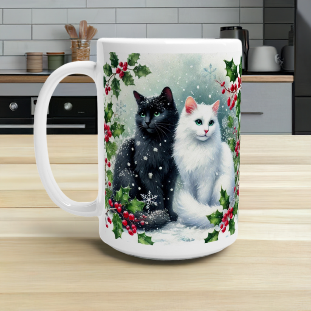 Holly Winter Hugs - Cat Lover - 15oz Ceramic Mug   