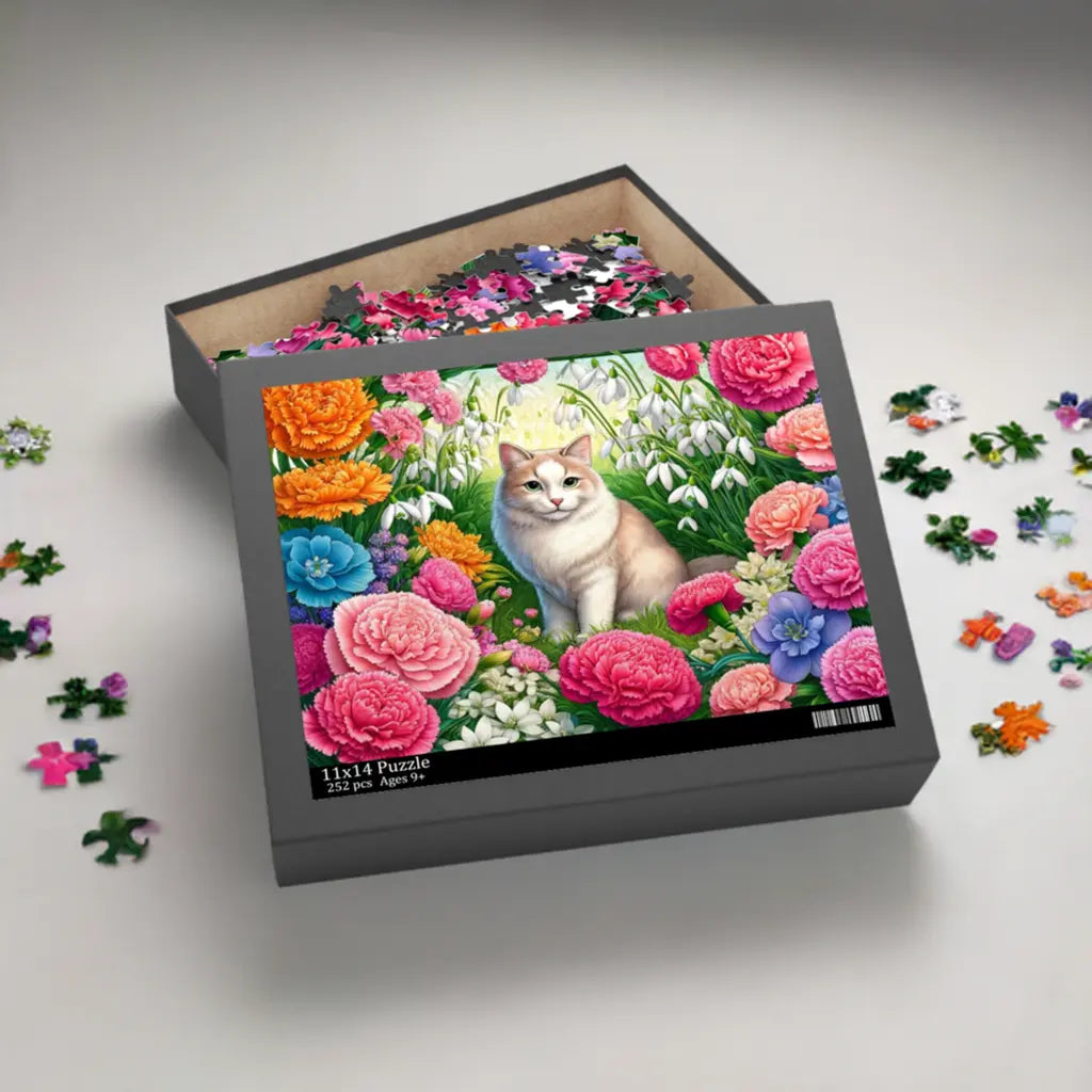 January Birth Flower Puzzle - Carnations & Snowdrops - Cat Lover Gift - 120, 252, or 500-piece - Montecore PawPrints