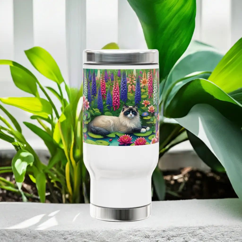 Water Lilly and Gladiolus - Cat Lover -Stainless Steel Travel Mug with Handle, 14oz   