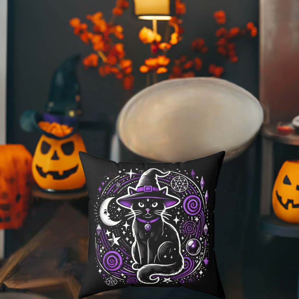 Witch Cat - Purple and Black - Halloween Spun Polyester Square Pillow   