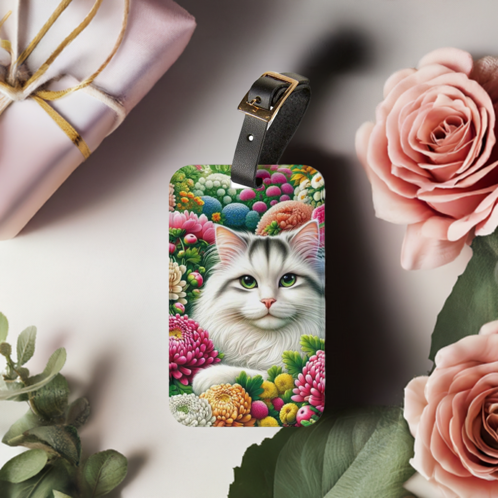 November Birth Flower - Chrysanthemum and Peony - Cat Lover - Luggage Tag   