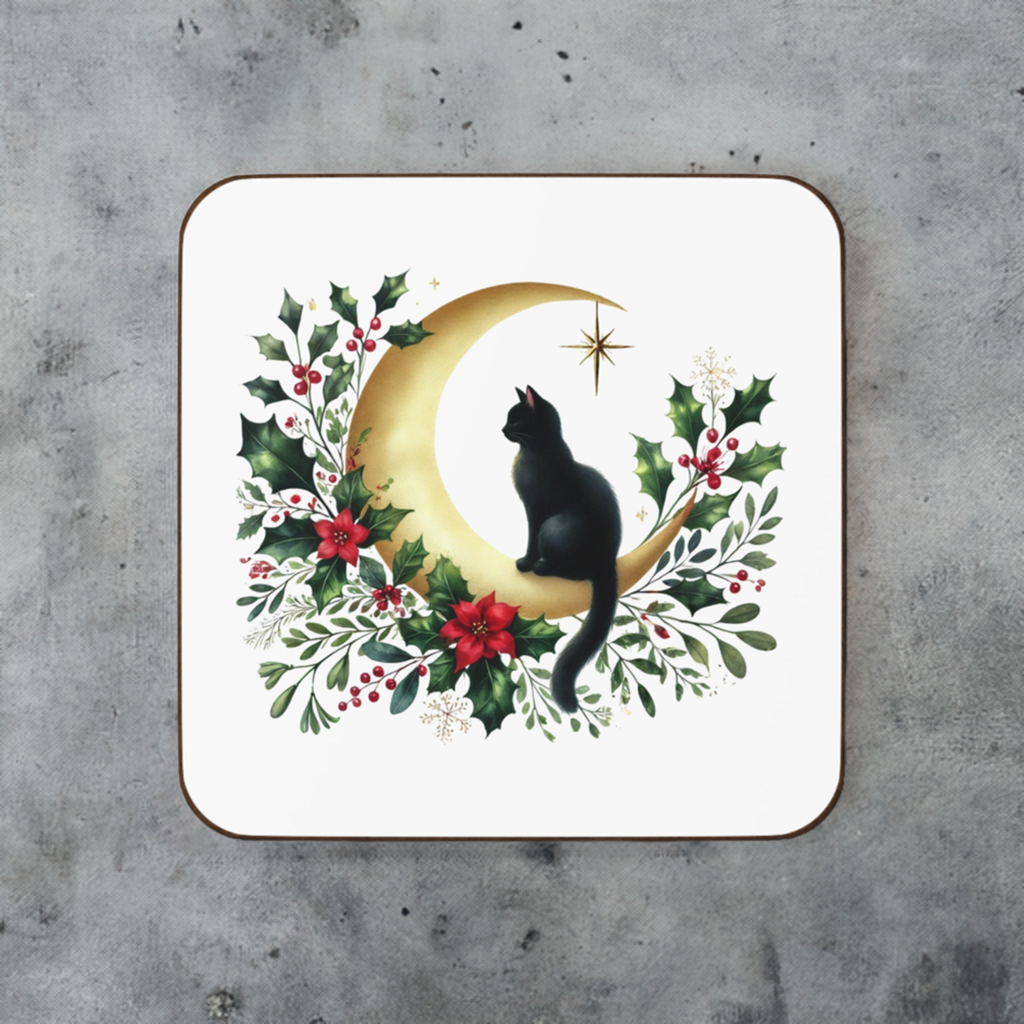 Winter Moon - Cat lover - Hardboard Back Coaster   