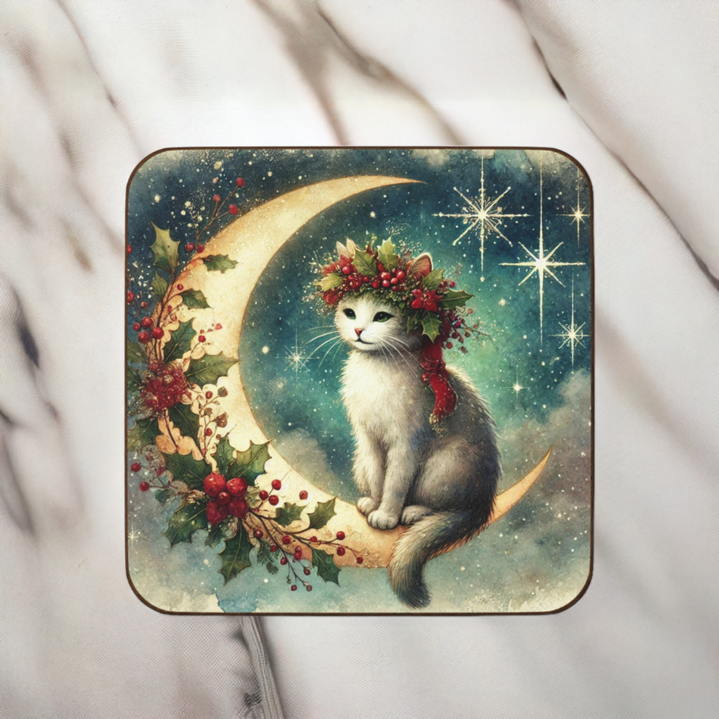 Holiday Moon - Cat lover - Hardboard Back Coaster   