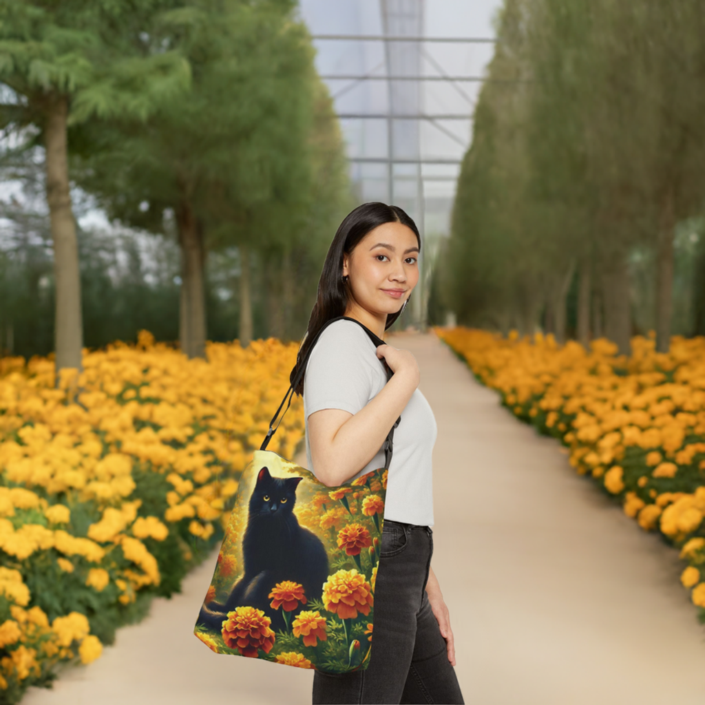 October Birth Flower - Marigolds - Cat Lover - Adjustable Strap Tote Bag   