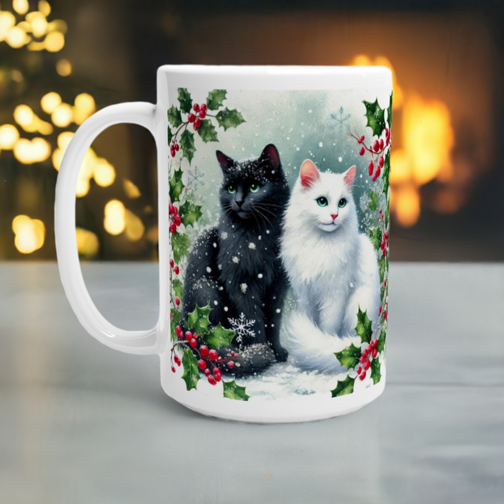 Holly Winter Hugs - Cat Lover - 15oz Ceramic Mug   