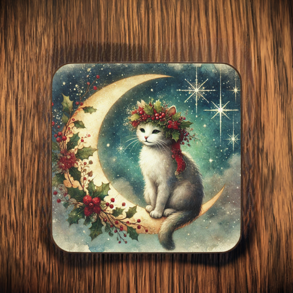 Holiday Moon - Cat lover - Hardboard Back Coaster   