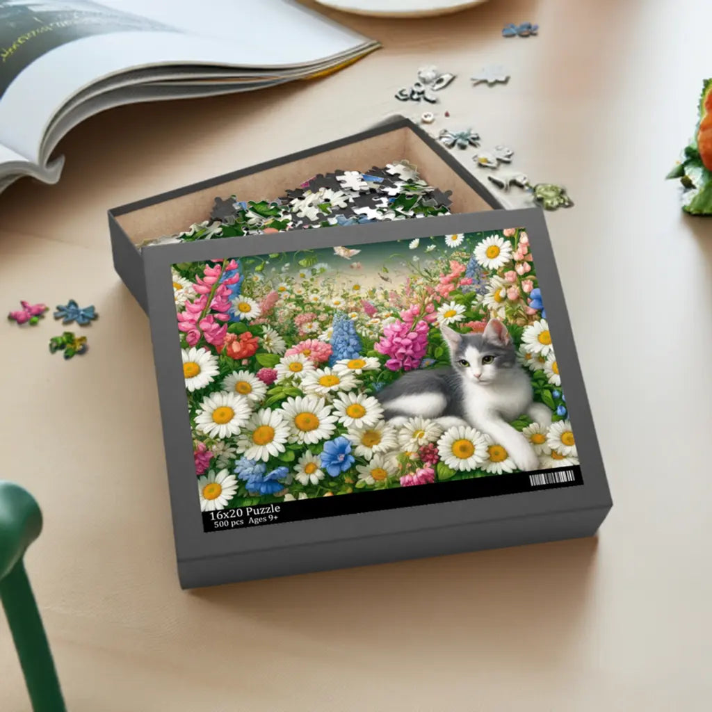 April Birth Flower Puzzle - Daisy & Sweet Pea - Cat Lover Gift - 120- 252- or 500-Piece - Montecore PawPrints