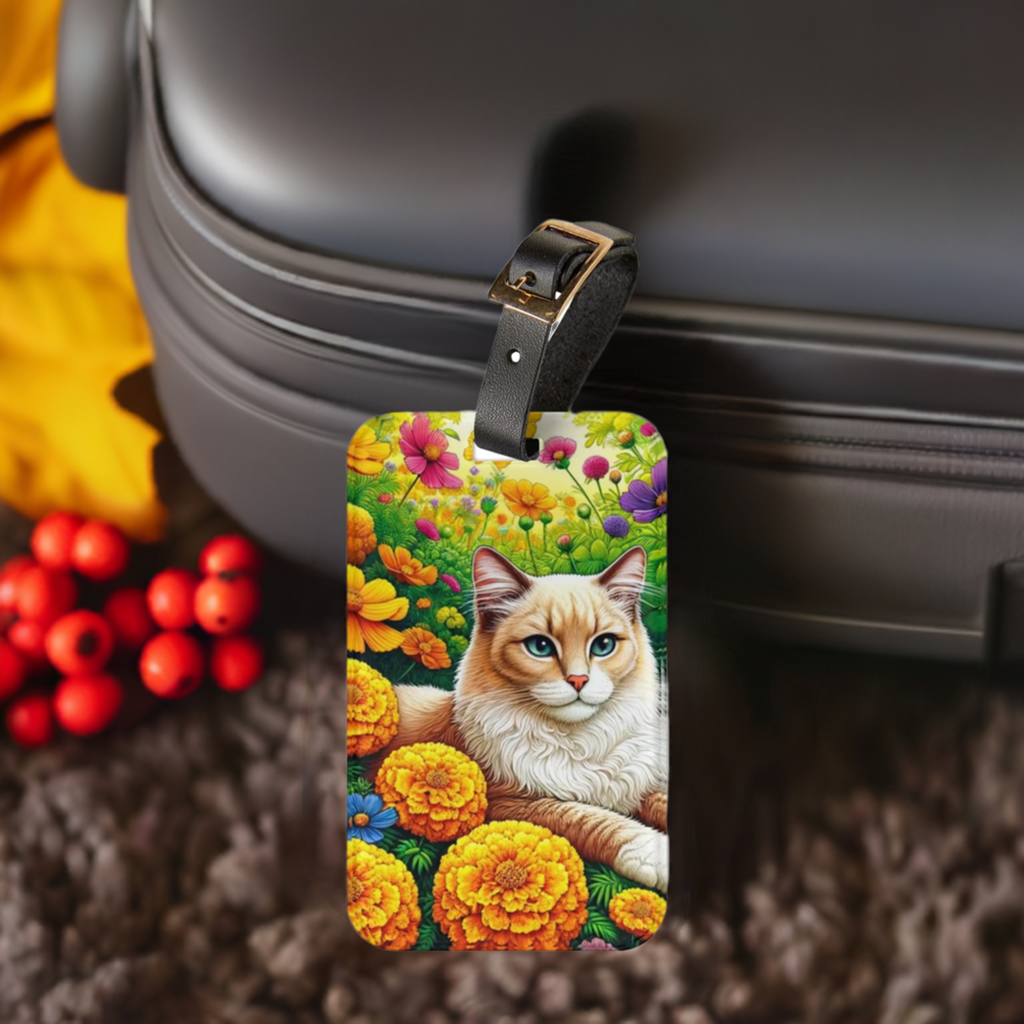 October Birth Flower - Marigolds and Cosmos - Cat Lover - Luggage Tag   