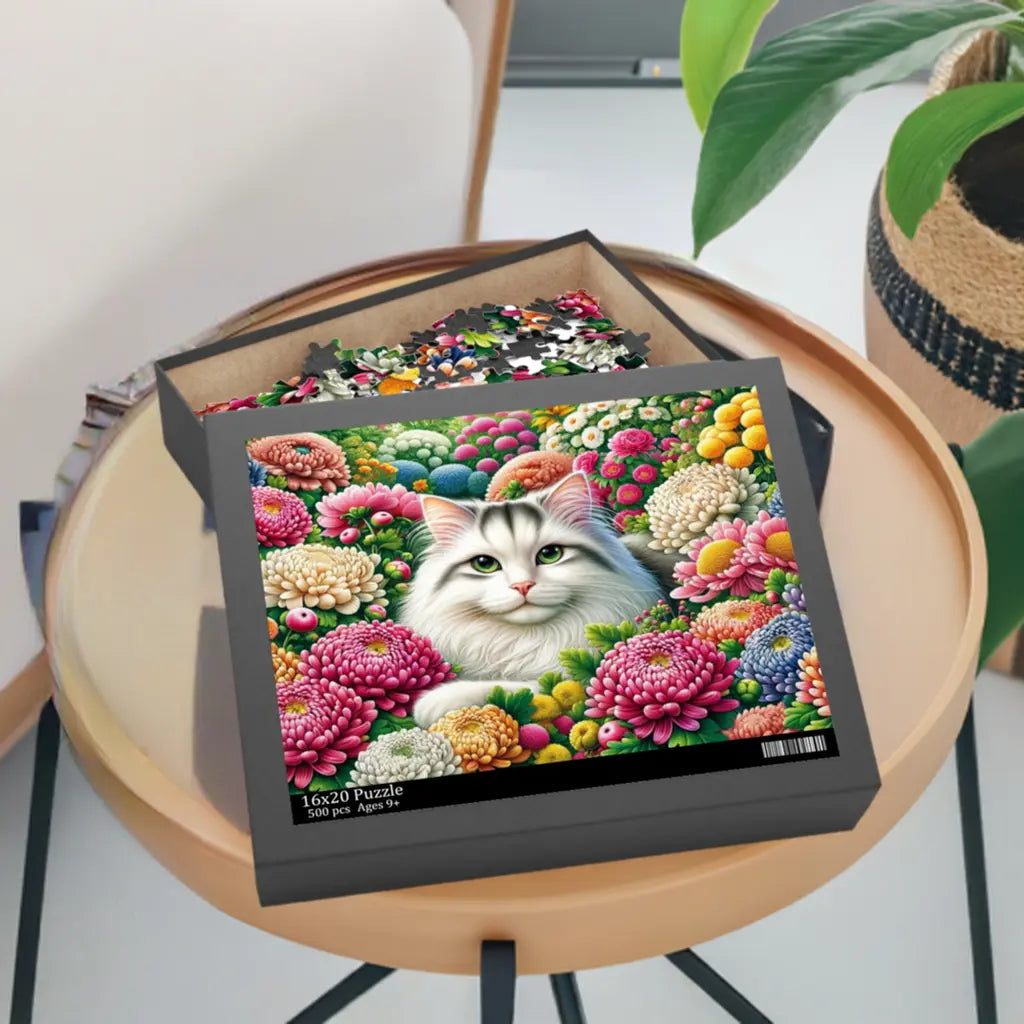 November Birthday Flower Puzzle - Chrysanthemum and Peony - Cat Lover Gift -120-piece- 252-piece- or 500-piece - Montecore PawPrints