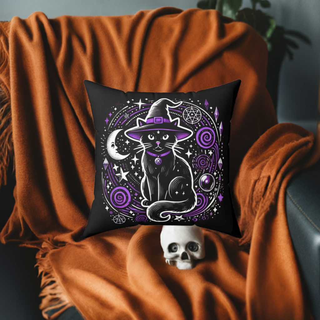 Witch Cat - Purple and Black - Halloween Spun Polyester Square Pillow   