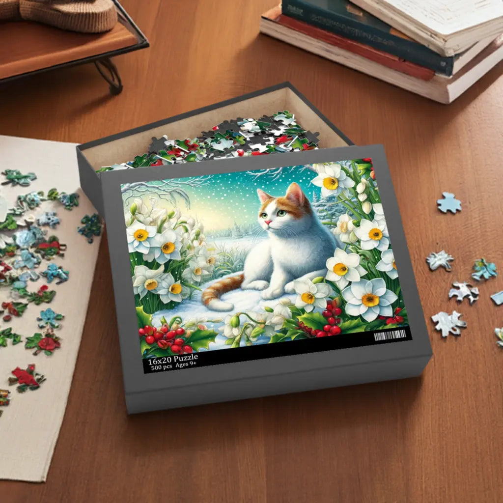 December Birth Flower Puzzle - Holly and Narcissus - Cat Lover Gift -120-piece- 252-piece- or 500-piece - Montecore PawPrints