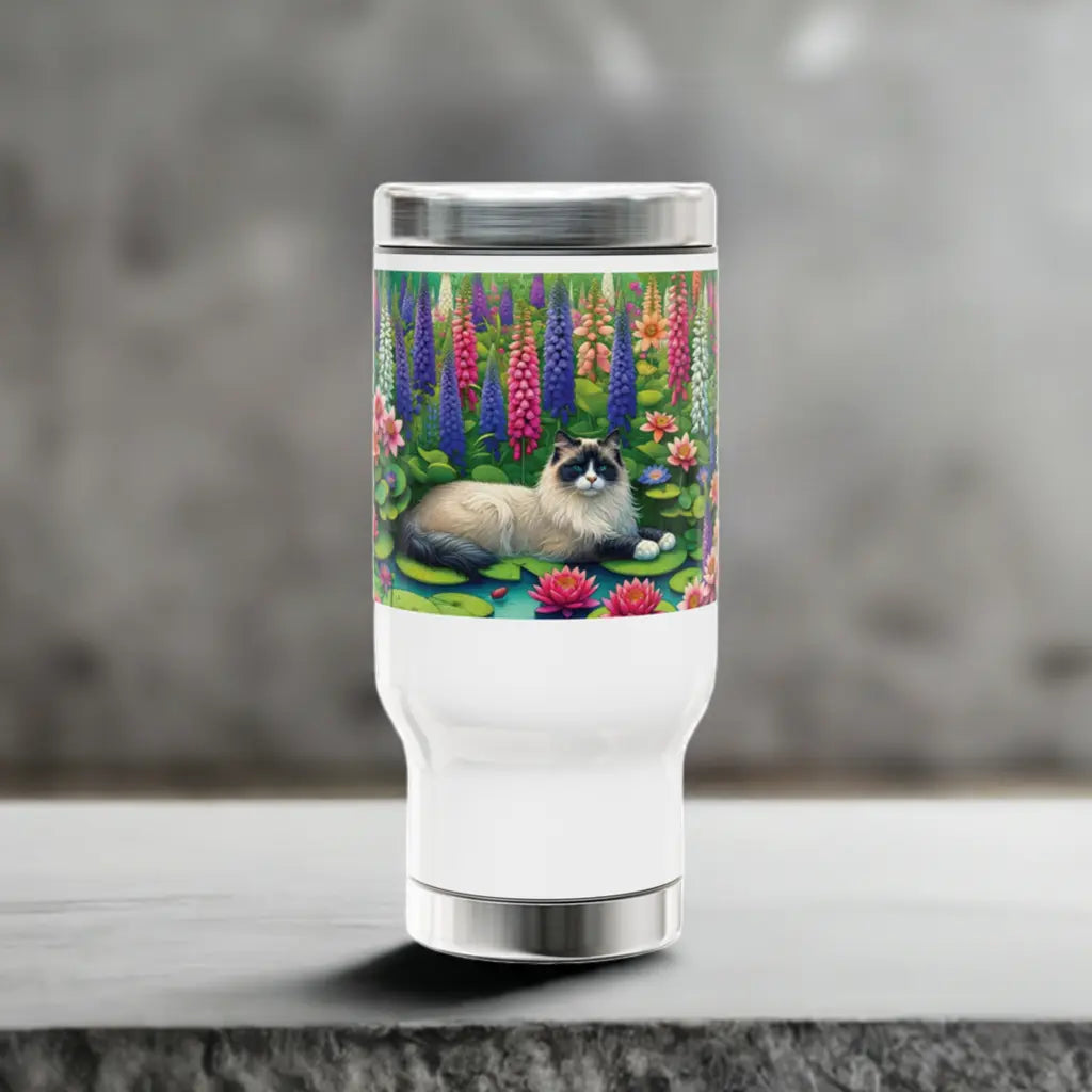 Water Lilly and Gladiolus - Cat Lover -Stainless Steel Travel Mug with Handle, 14oz   