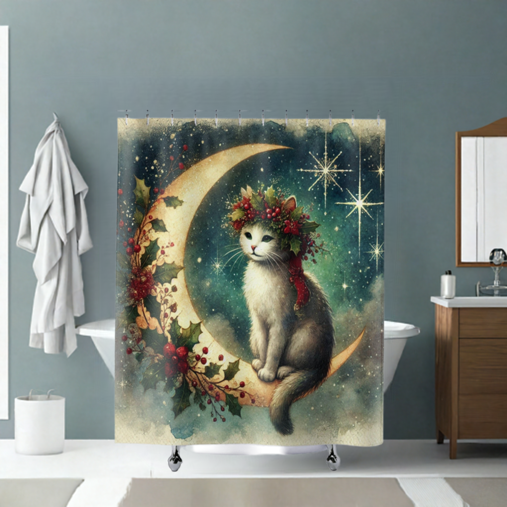 Holiday Moon - Cat Lover - Shower Curtains   