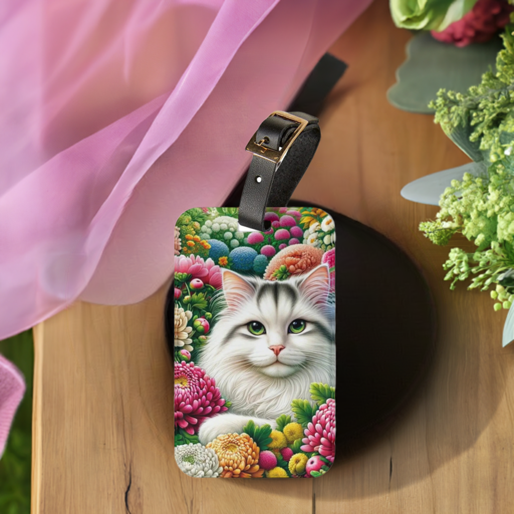 November Birth Flower - Chrysanthemum and Peony - Cat Lover - Luggage Tag   