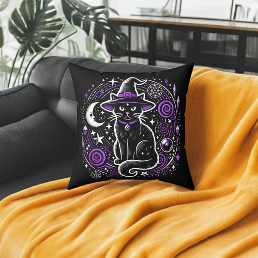 Witch Cat - Purple and Black - Halloween Spun Polyester Square Pillow   