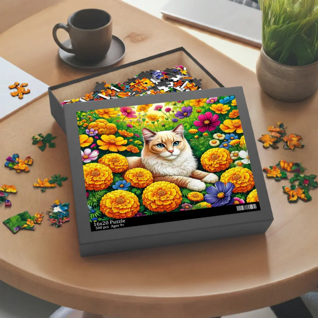 October Birth Flower Puzzle - Marigolds and Cosmos - Cat Lover Gift -  120-piece- 252-piece- or 500-piece - Montecore PawPrints