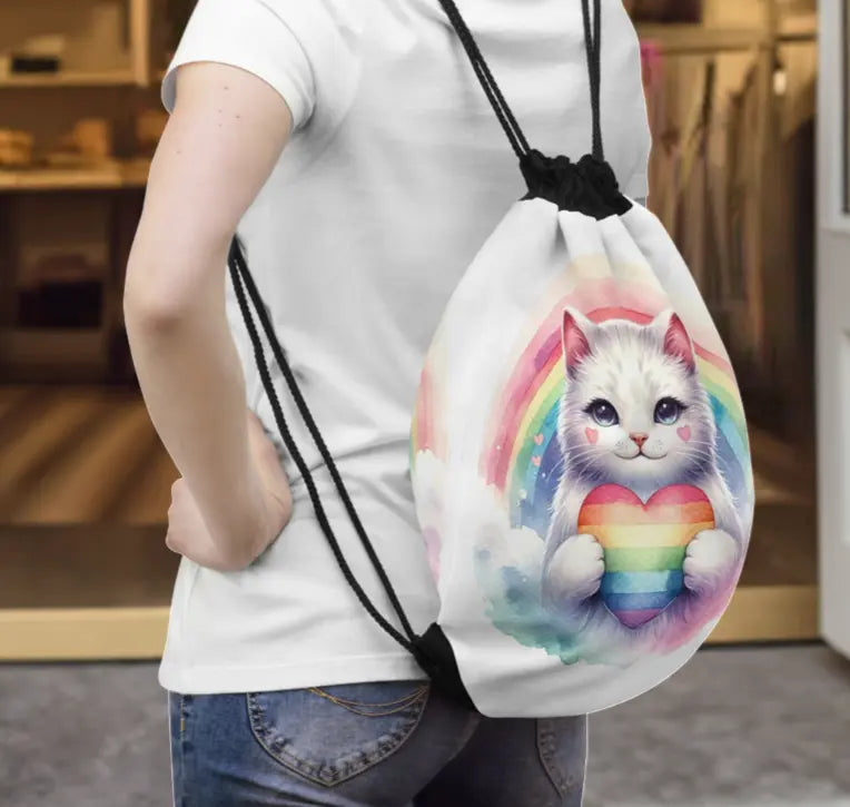 Rainbow Cat - Cat Lover - Drawstring Bag   