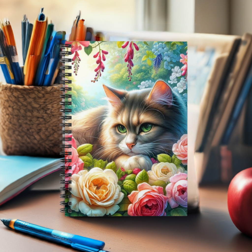 June Birth Flower - Rose - Cat Lover -Spiral Notebook - Ruled Line   