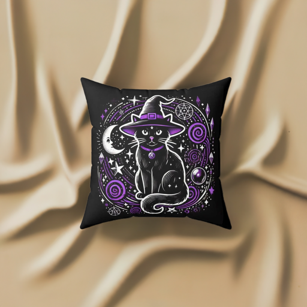 Witch Cat - Purple and Black - Halloween Spun Polyester Square Pillow   