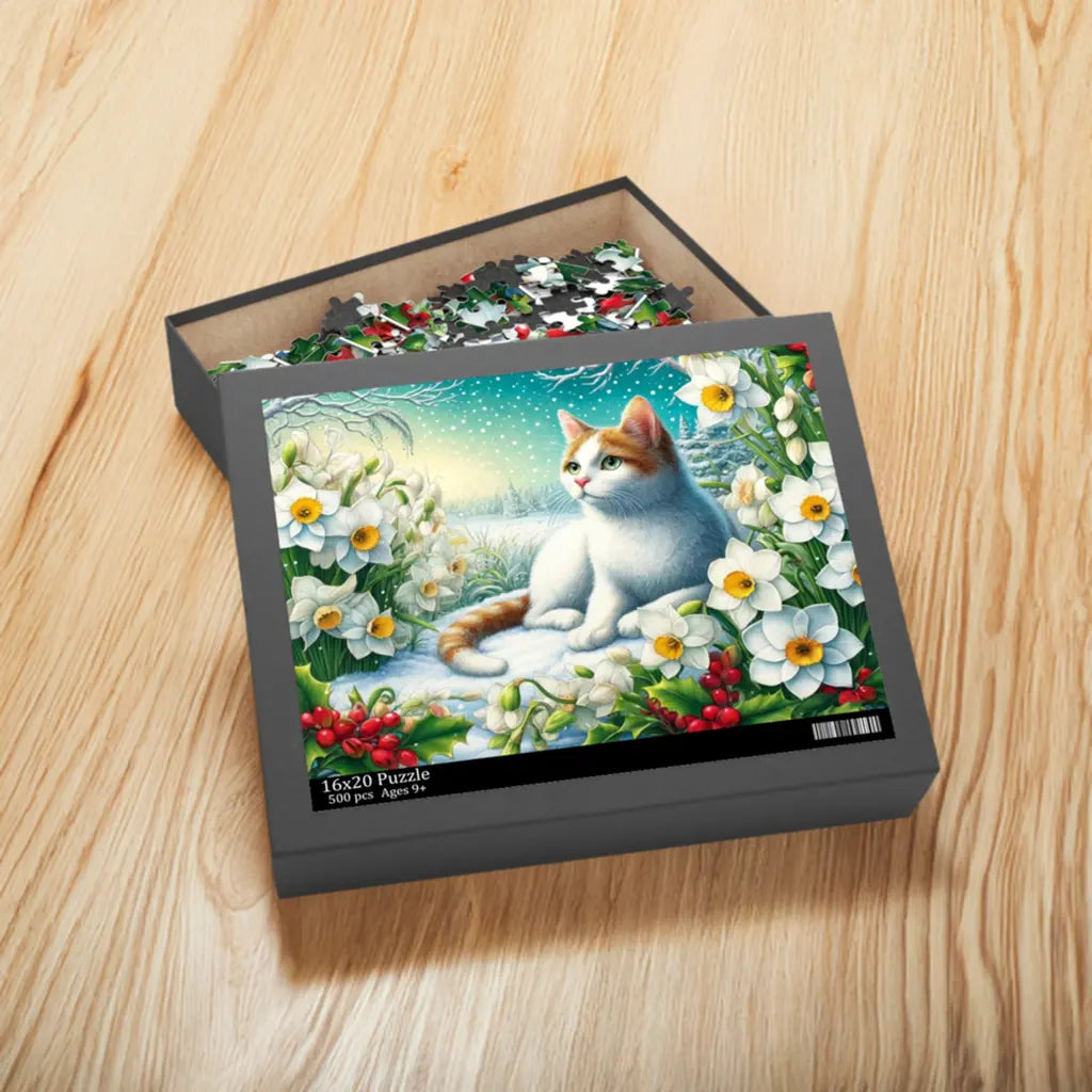 December Birth Flower Puzzle - Holly and Narcissus - Cat Lover Gift -120-piece- 252-piece- or 500-piece - Montecore PawPrints