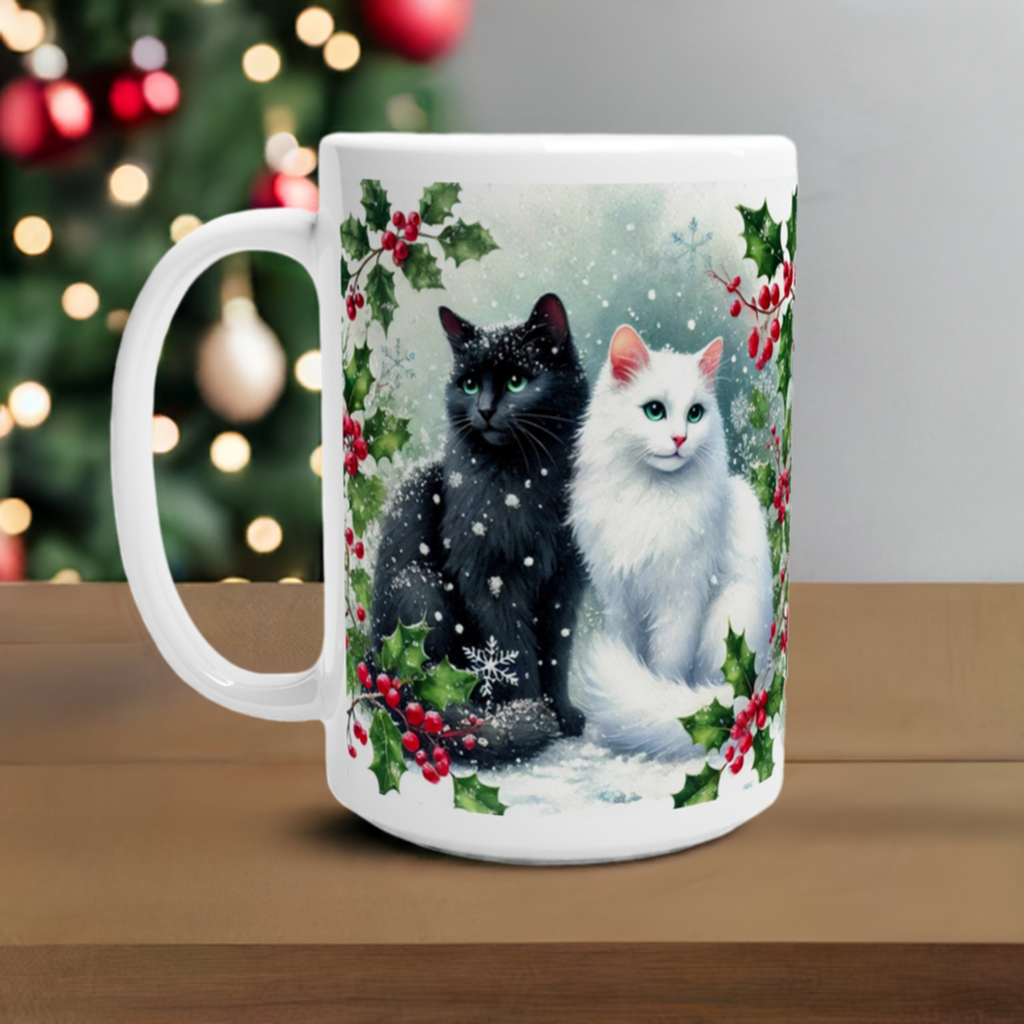 Holly Winter Hugs - Cat Lover - 15oz Ceramic Mug   