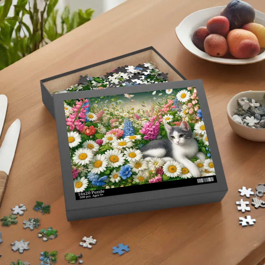 April Birth Flower Puzzle - Daisy & Sweet Pea - Cat Lover Gift - 120- 252- or 500-Piece - Montecore PawPrints