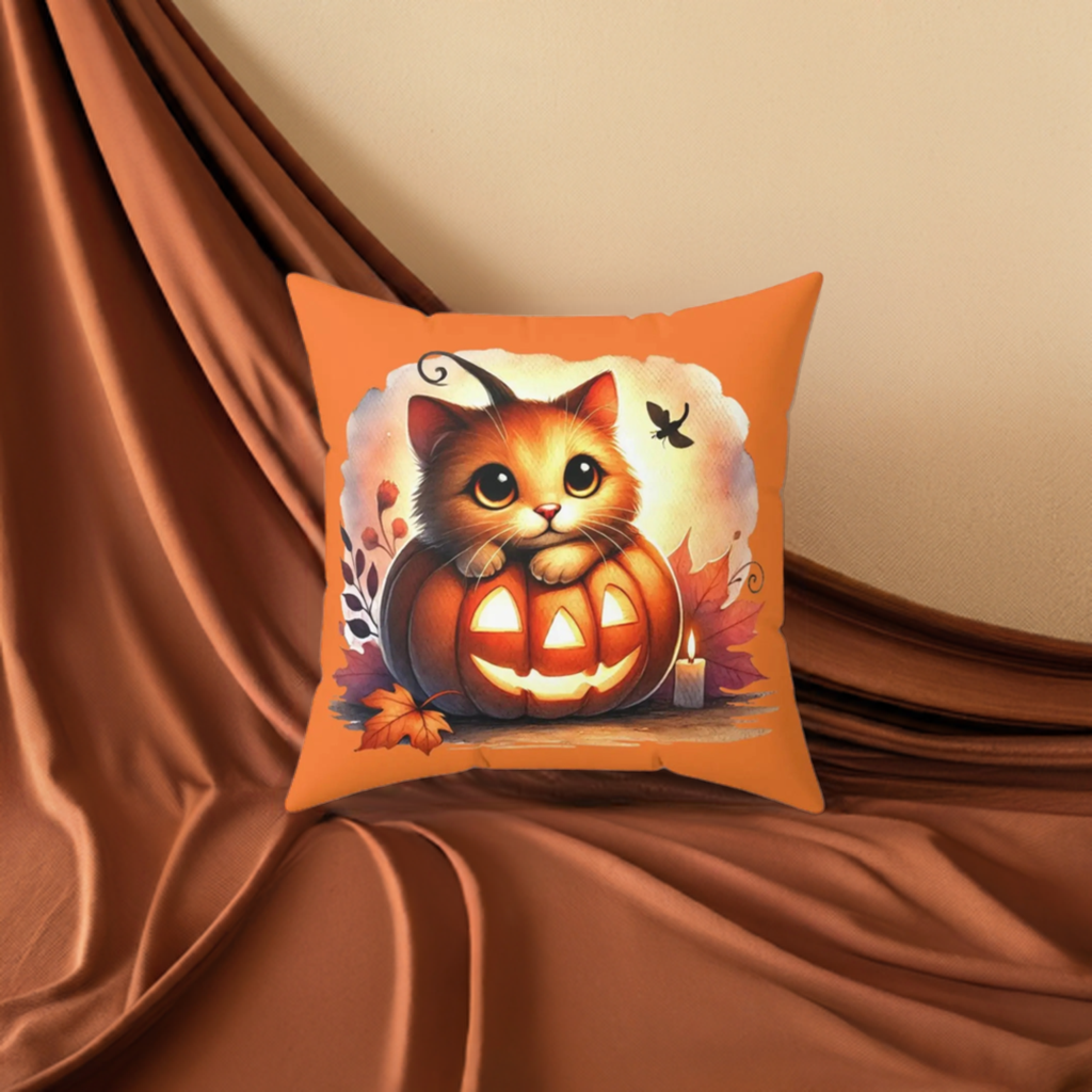 Kitten Jack-O-Lantern - Halloween Spun Polyester Square Pillow   