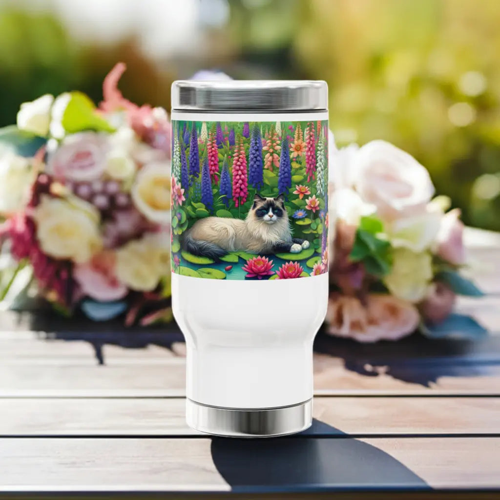 Water Lilly and Gladiolus - Cat Lover -Stainless Steel Travel Mug with Handle, 14oz   