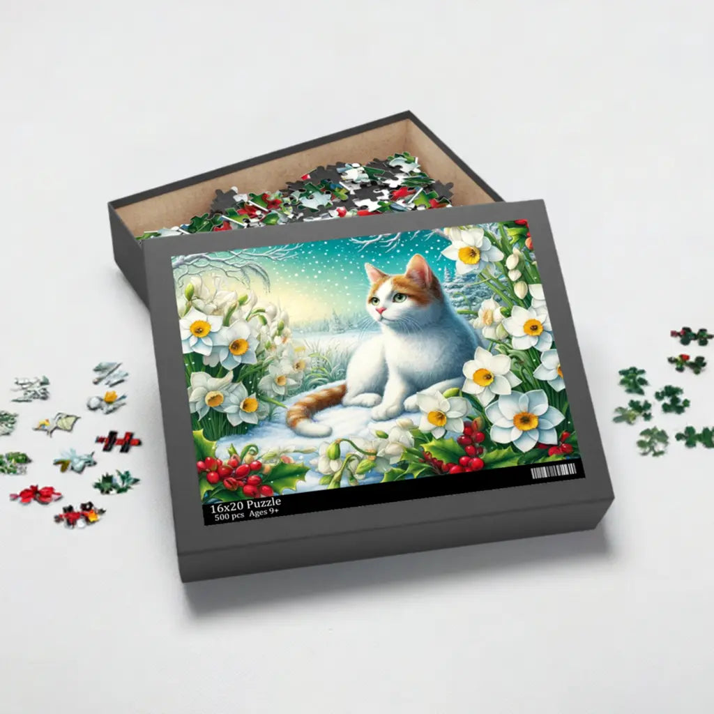 December Birth Flower Puzzle - Holly and Narcissus - Cat Lover Gift -120-piece- 252-piece- or 500-piece - Montecore PawPrints