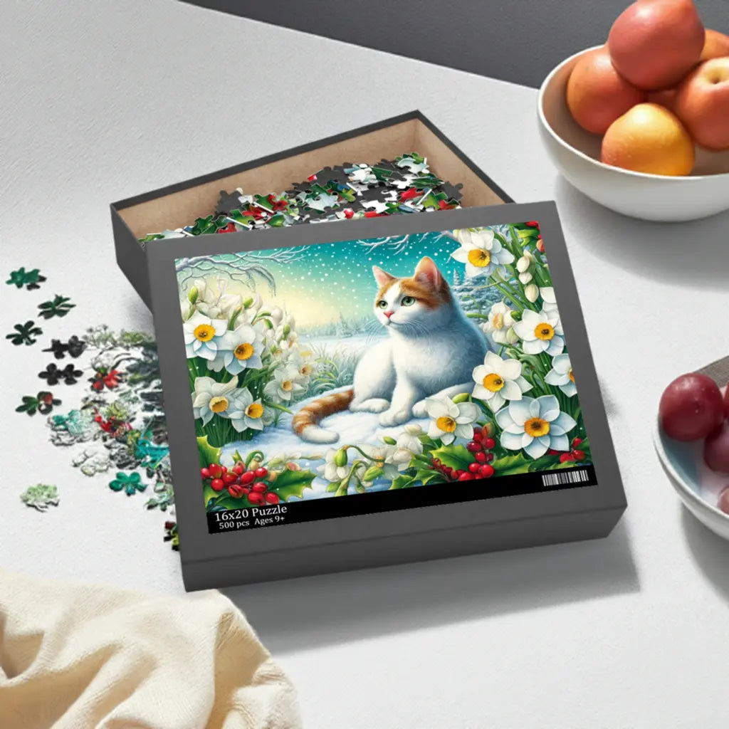 December Birth Flower Puzzle - Holly and Narcissus - Cat Lover Gift -120-piece- 252-piece- or 500-piece - Montecore PawPrints