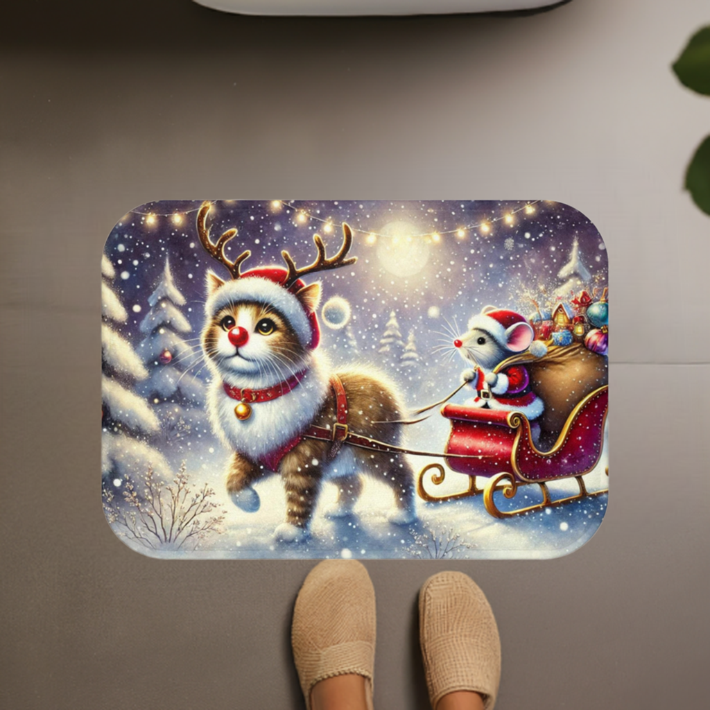 Mouse Santa - Cat Rudolph - Christmas Decor - Bath Mat -24x17   