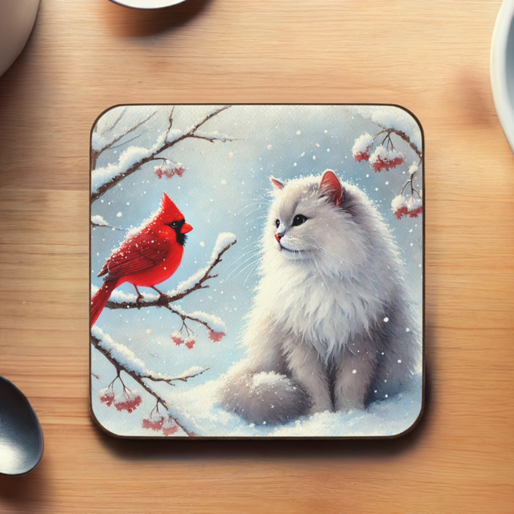 Winter Cardinal - Cat lover - Hardboard Back Coaster   