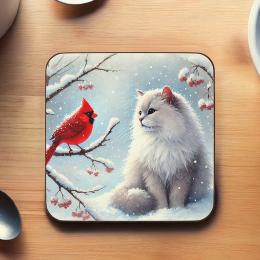 Winter Cardinal - Cat lover - Hardboard Back Coaster   