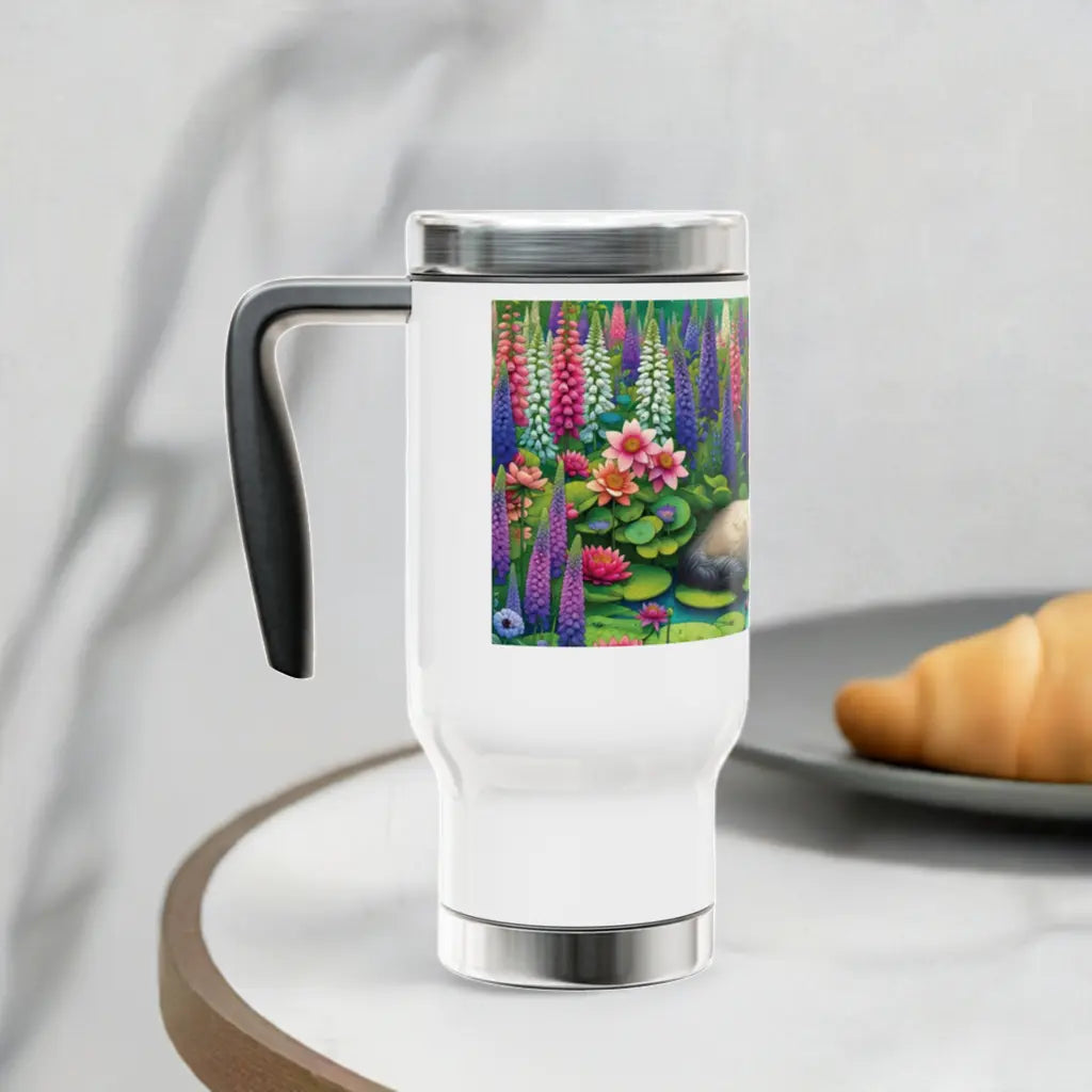 Water Lilly and Gladiolus - Cat Lover -Stainless Steel Travel Mug with Handle, 14oz   