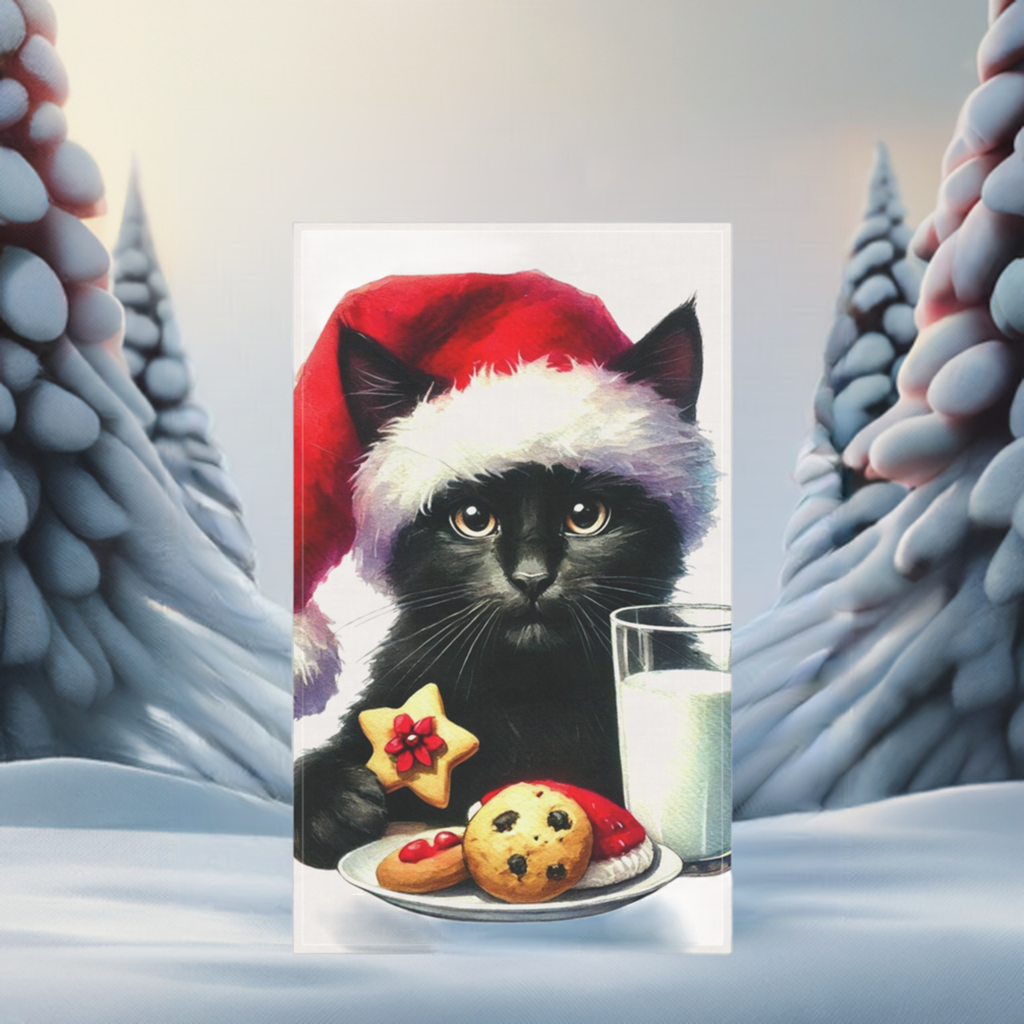 Christmas Santa Cat - Holiday Kitchen Tea Towel   