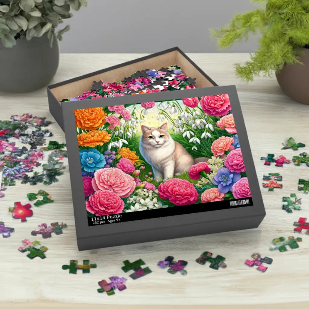 January Birth Flower Puzzle - Carnations & Snowdrops - Cat Lover Gift - 120, 252, or 500-piece - Montecore PawPrints