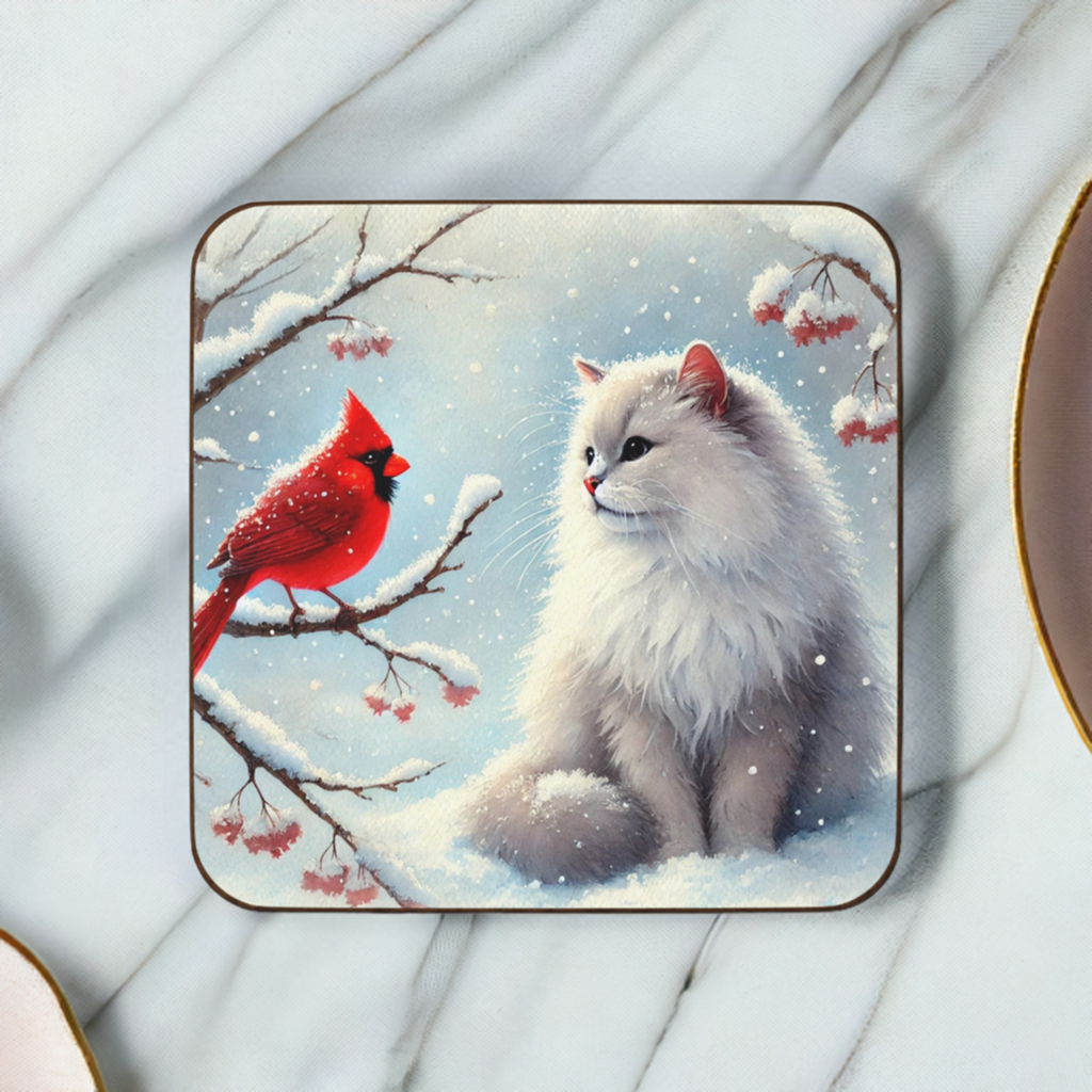 Winter Cardinal - Cat lover - Hardboard Back Coaster   