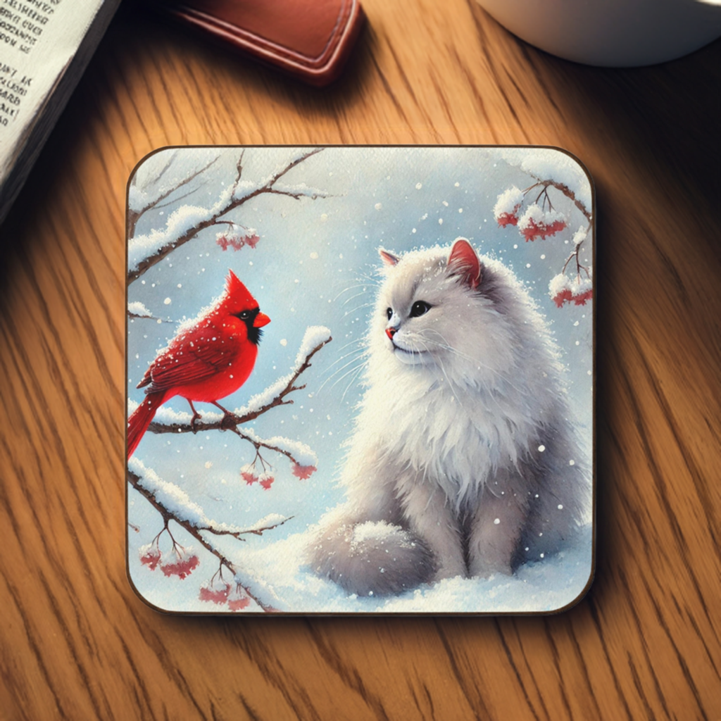 Winter Cardinal - Cat lover - Hardboard Back Coaster   