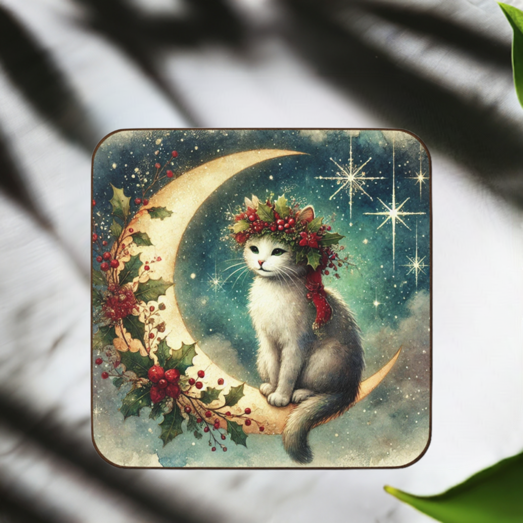 Holiday Moon - Cat lover - Hardboard Back Coaster   